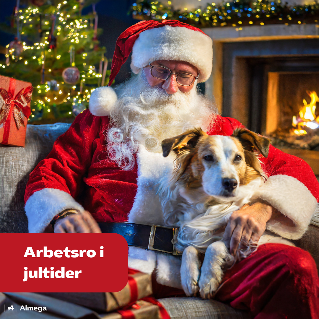 AI-genererad bild på en tomte sittandes i fåtölj med hund i knäet. En tänd brasa och julgran med lysande ljusslinga i bakgrunden. Text på bild: Arbetsro i juletider.
