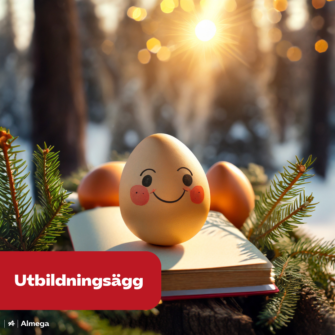 Ett helt AI-genererat innehåll som föreställer ett ägg med ansikte sittandes på en bok omgivet av grankvistar och ett vinterlandskap med skinande sol i bakgrunden. På bilden finns texten "Utbildningsägg".