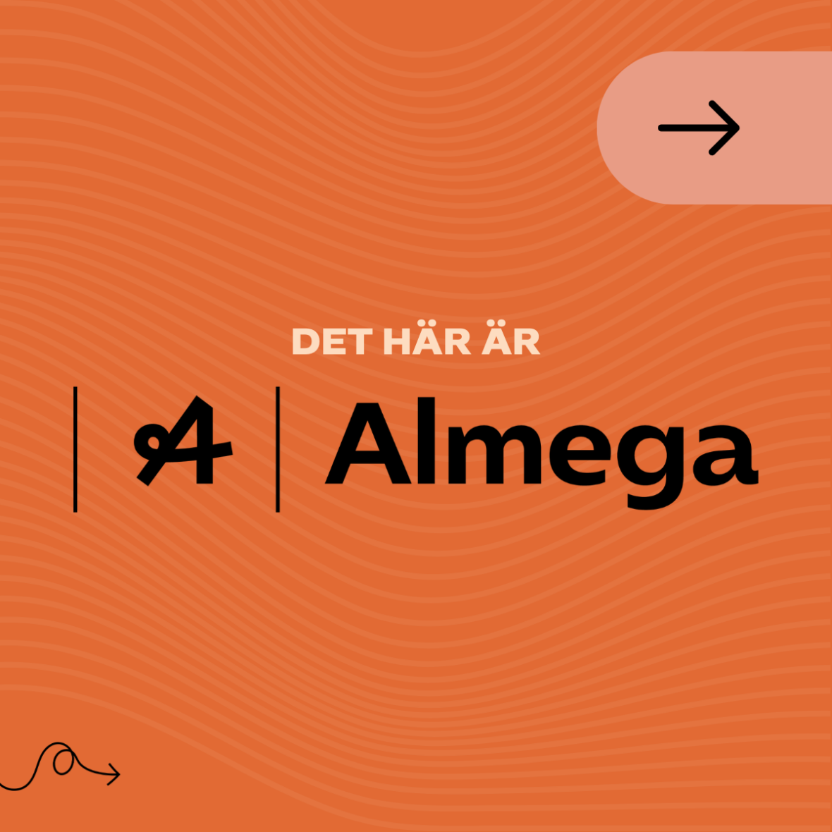 Grafisk bild med texten "Det här är Almega". Bilden är orange och texten svart. Länk i bild går till almega.se