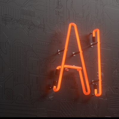 Foto på en svart vägg med struktur och orange lysrör med med ordet AI. Länk i bild går till artikel om AO och chattbotar på almega.se