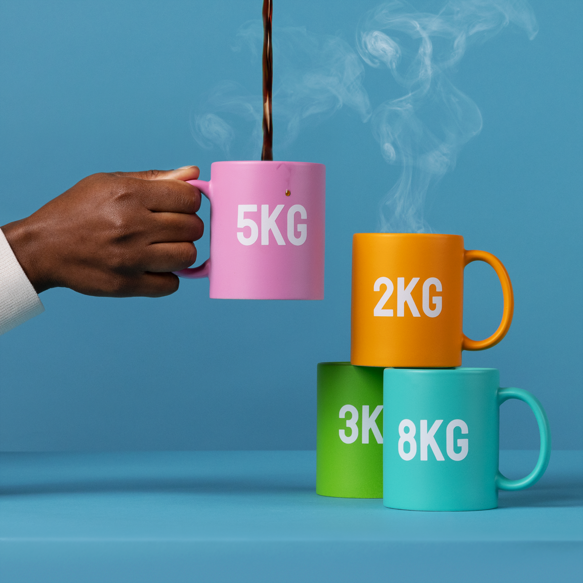 Foto på en manshand som håller i en rosa kaffekopp som det står 5 kg på. Tre kaffemuggar till på bilden i orange, grön och blå färg med 2 kg, 3 kg, 8 kg skrivet på dem. Länk i bild går till Prevent.se 