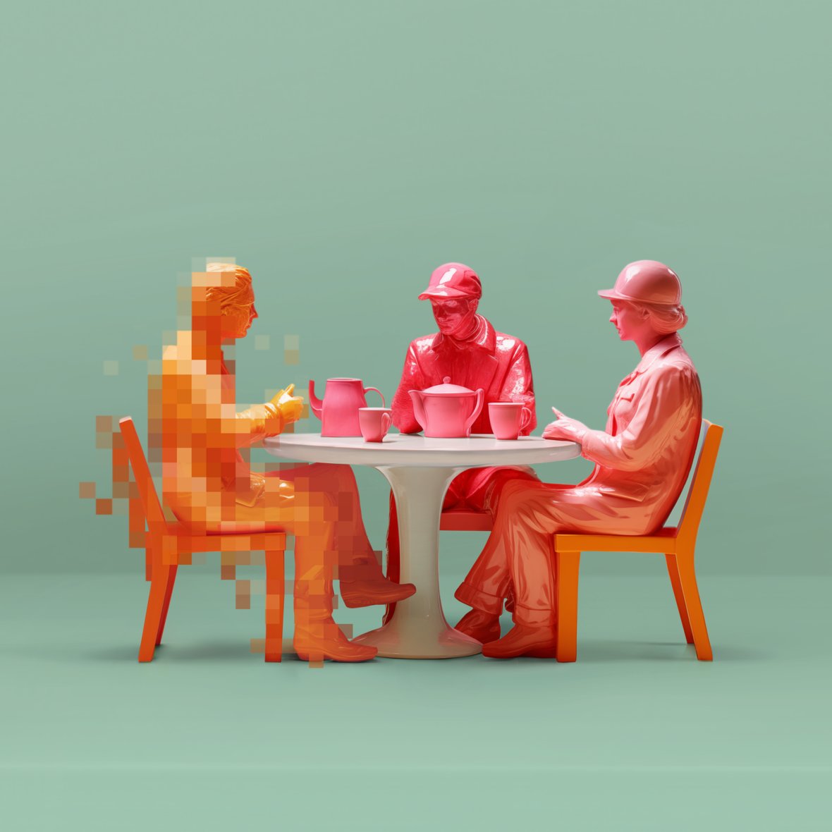 Grafisk bild på tre personer som sitter runt ett bord, en av personerna är pixlad. Länk i bild går till Prevent.se och kampanjsidan Hybridkontoret och arbetsmiljön.