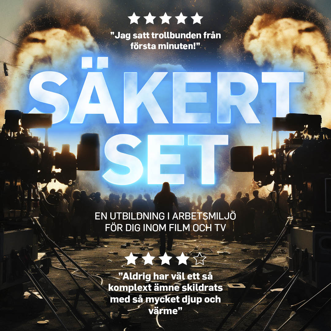 Grafisk bild för kampanjen Säkert set. Bilden är formgiven som en filmaffisch med titel stjärnor med citat under stjärnorna. Länk i bild går till Prevents kampanjsida Säkert set.